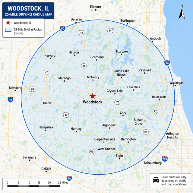 Woodstock IL 25-Mile Driving Radius Map